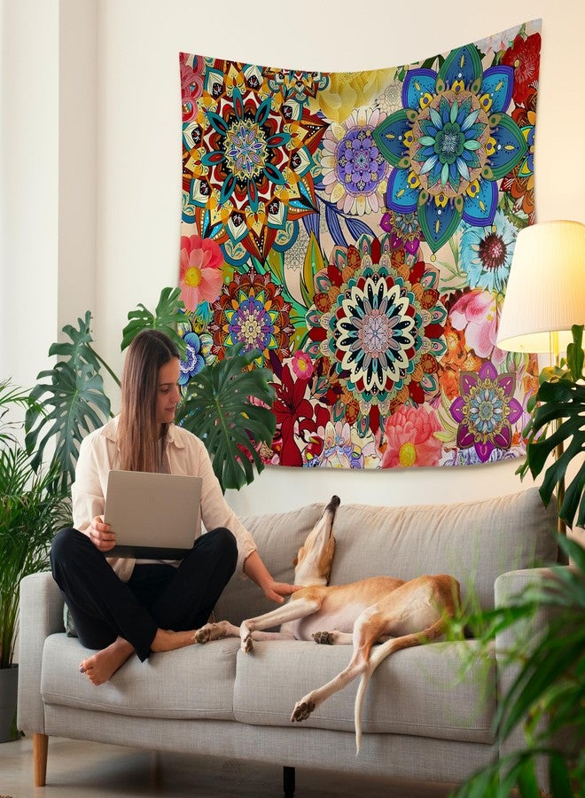 HUGANE Boho Abstract Mandala Floral Tapestry, Folk Colorful Mandala Flower Wall Tapestries, Vintage Boho Elegant Art Deco Botanical Hanging Wall Decor for Bedroom Living Room Home Office - Image 3